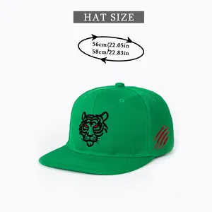 Size guide for green tiger baseball cap showing head circumference in centimeters and inches