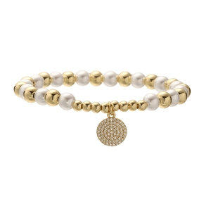 Bracelet élégant en perles dorées et blanches avec un pendentif cœur pavé de zircons