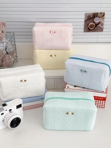 Sweet Floral Rose Knitted Cotton Makeup Bag Portable Large Capacity Cosmetic Storage Organizer Pouch Zip