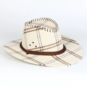 Western straw cowboy hat with brown checkered pattern and braided rope for sun protection