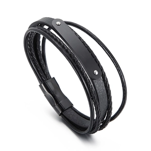 Men's multilayer black braided leather bracelet with stainless steel plate and magnetic clasp