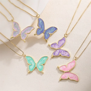 Butterfly Pendant Necklace Copper Enamel Marble Texture Box Chain Fashion Jewelry Elegant Gift For Women Girls