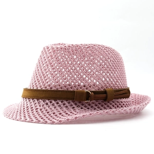 Pink hand-woven hollow straw fedora with brown belt and metal buckle for summer