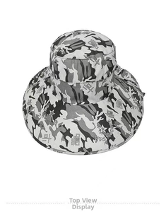 Top-down view of camouflage outdoor sun hat with wide brim and decorative lettering print