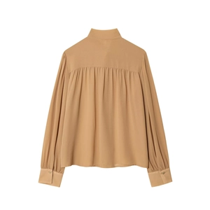 Khaki Schifonbluse für Damen mit schickem Schleifenkragen und plissiertem Rücken