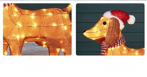 Detailed macro view of lighted dachshund Christmas figure with warm LED mesh and festive scarf