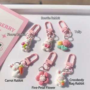 Set of 6 cute pink rabbit and flower resin keychains with metal lobster clasps