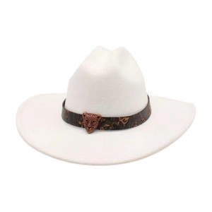 White felt western cowboy hat with vintage leopard metal buckle and brown textured band
