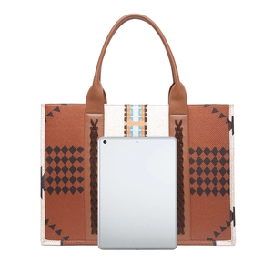 Detailed view of bohemian tote bag size compared to a silver tablet on white background
