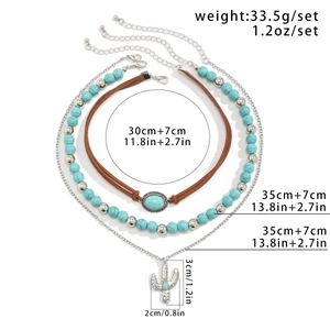 Three-piece bohemian necklace set with turquoise beads, cactus charm, and brown cord choker