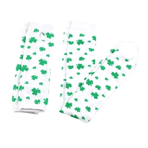 White St. Patrick's Day socks and arm sleeves with green shamrock pattern detail