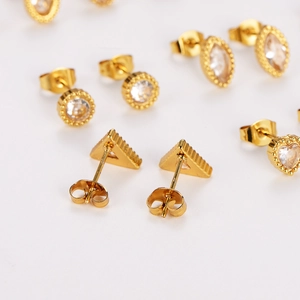 Golden stainless steel geometric earrings with zircon in round, oval and heart shapes