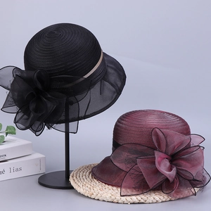 Elegant women's summer organza flower sun hat in black and burgundy wide brim style