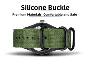 Detail of military green nylon strap and matte buckle on a rugged quartz sport watch