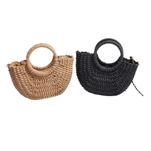 Mini half-moon straw crossbody bag in khaki and black for summer beach vacation