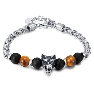 Men's stainless steel tiger eye bead bracelet featuring a detailed silver wolf head charm