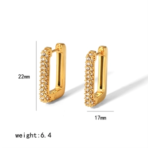 Detailed view of 18k gold plated stainless steel square earrings with cubic zirconia stones