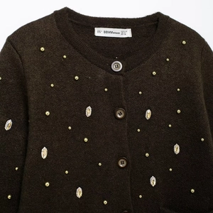 Brown knit cardigan with round neck and sparkling rhinestone embellishments for women