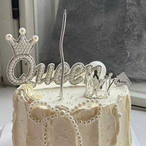 Silver Queen crown cake topper set with pearls and rhinestones for elegant party decor