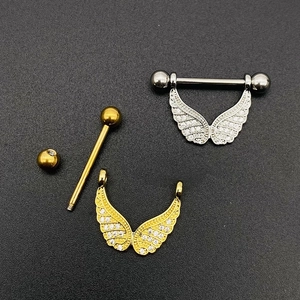 Double-layered wing nipple shield set with sparkling gems in silver and gold steel