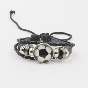 Men's woven leather football bracelet with soccer charm and metallic beaded details