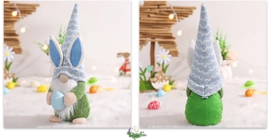 Detailed front and back view of a blue-eared Easter gnome holding a striped egg