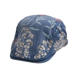 Retro washed denim flat cap with floral print for women, vintage artistic style newsboy hat