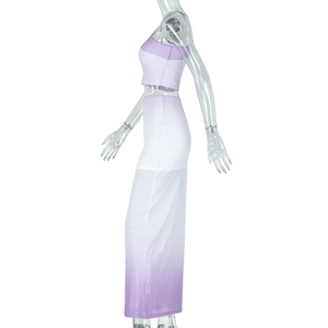 Detail of purple and white gradient two-piece set featuring cropped top and slim fit skirt