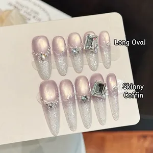 Handmade Purple Cat Eye Press On Nails Long Oval Stiletto Gradient Glitter Fake Nails Rhinestone Artificial Pearl Decoration