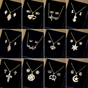 Stainless Steel Necklace And Earrings Jewelry Gold Plated Cross Heart Hamsa Hand Evil Eye Trendy Geometric For Women