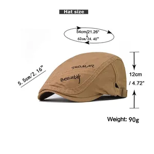Tableau des tailles détaillé pour casquette plate en coton vintage avec mesures du contour