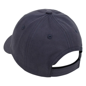 Detail of navy blue kids baseball cap with adjustable hook-and-loop strap on back
