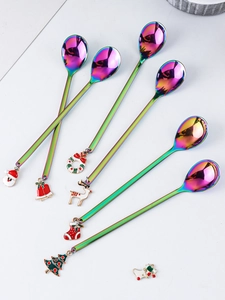 Detail of 6-piece rainbow stainless steel Christmas spoons with festive enamel pendants