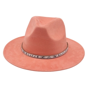 Peach pink vintage wide brim wool felt fedora hat with snakeskin rhinestone band