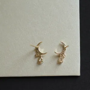 Elegant 14K gold plated S925 silver crescent moon earrings with cubic zirconia drops