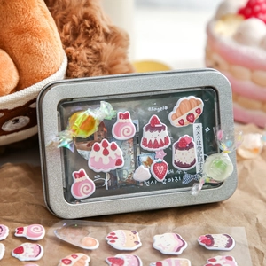 Cute dessert foam stickers set with strawberry cake patterns in silver metal display box
