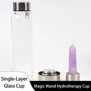 Single-wall glass bottle with purple crystal infusion and stainless steel lid on white base