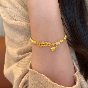 Retro Lucky Gourd Copper Bracelet Gold Plated Lucky Coin Pendant Adjustable Elegant Jewelry For Women
