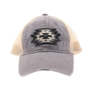 Vintage gray trucker hat with geometric embroidery and breathable beige mesh back