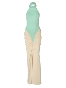 Chic halter neck color block maxi dress with mint green top and beige ruched skirt