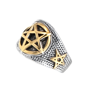 Vintage punk men's star ring with gold hexagram emblem and black stainless steel finish