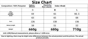 Size chart for khaki polyester casual jacket showing measurements for S, M, and L