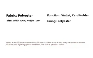 Detailed size chart for the polyester wallet showing dimensions of 12cm width and 10cm height