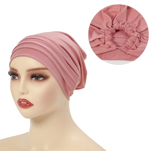 Pink chemo headscarf showing detailed elastic drawstring back and soft ribbed texture