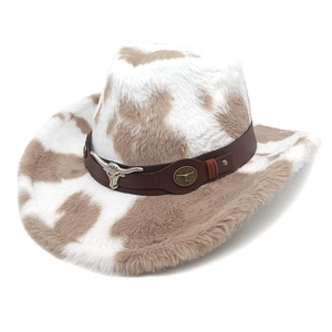 Western Cowboy Hat Faux Fur Cow Print Plush Wide Brim Retro Style With Metal Bull Head Decorative Leather Band