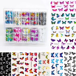 10-roll set of colorful butterfly nail art transfer foils in a clear storage box
