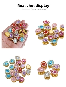 Macro detail of colorful teardrop rhinestones in gold claw settings for DIY accessories