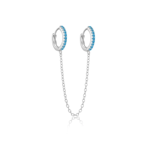 S925 sterling silver double piercing hoop earrings with blue stones and tassel chains
