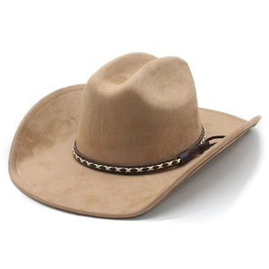 Classic wide brim western cowboy hat in khaki faux suede with braided band detail