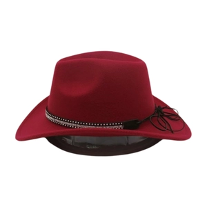 Close-up of the wine red wool felt fedora with rhinestone band and decorative knot